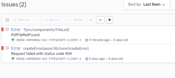 SentryのIssues一覧画面：収集されたエラーがまとめて表示されている